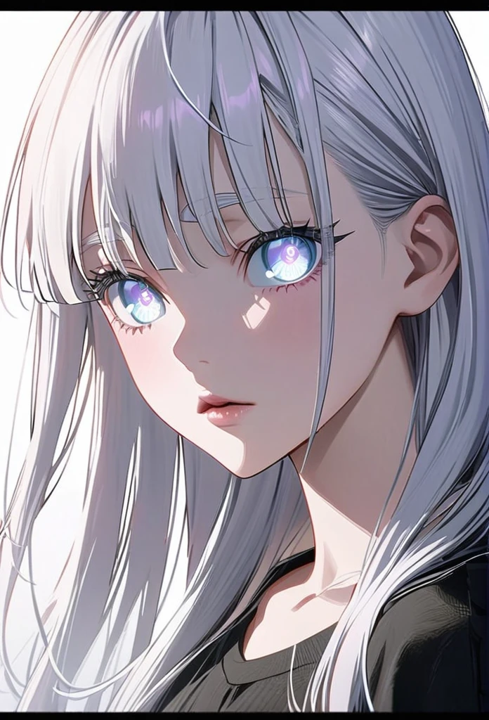 ((Gojo Satoru, female gojo satoru)) Woman, age 18, white hair, hair bangs, (wears round sunglasess) white eyebrows, white eyelash, white eyelashes, detailed eyes, white eyes, wearing black shirt, high quality, 4k resolution, anime, ((straight hair))
