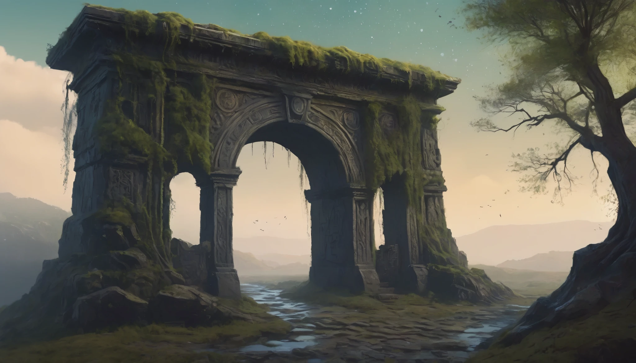 Ultra-realistic painting of the forgotten gate, Mysterious ancient gate surrounded by vines and moss, A crumbling stone archway carved with glyphs and runes., Swirling nebula cosmos inside the portal, Stars and galaxies visible inside, Lead to another time and dimension, digital art, Trending with ArtStation, Written by Ashley Wood and Simon Stollenhag