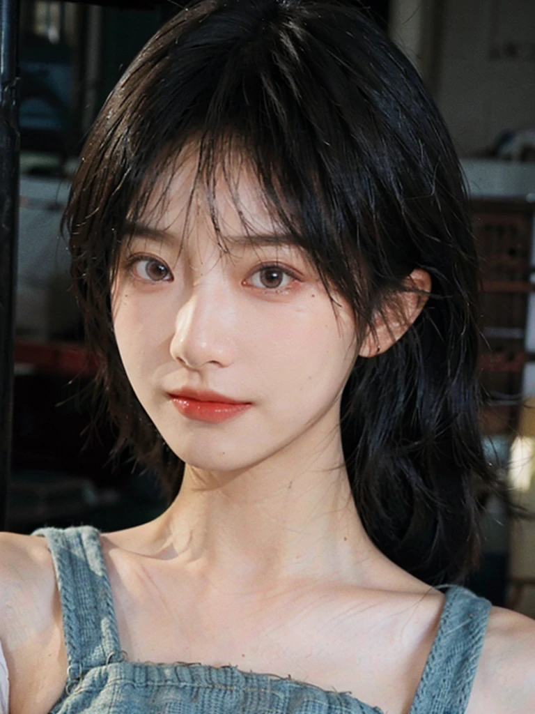 (Skin details:1.4), (smooth skin textures:1.3), (Upper body:1.4),(Upper Body:1.3)Lipstick, background, earrings, serene, calm, Suspenders,(Realistic and detailed eyes:1.2), Natural skin texture, Realistic facial details, Soft dramatic lighting, Vivid details, 35 mm film, outdoor, (Photo Practical:1.4), (hyper Practical:1.4), (Practical:1.3), (Smoother lighting:1.05), (Improve lighting quality:0.9), (Highest quality real skin textures:1.4), Exquisite eyes, Delicate face, Close-up of face, (Enhance the beauty of skin texture:1.1), Hair details,(Large Breasts:1.3)normal body ratio, short hair, Moles under the eyes, A faint smile,Portrait Photography, Depth of Field, Bokeh, Surrealism, Ray Tracing, (Portrait Photography:1.1), Surrealism, High Detail, Chiaroscuro, Ray Tracing, reflected light, Ultra HD, Ultra HD, masterpiece, Textured Skin, Super Detail, High Detail, high quality, best quality