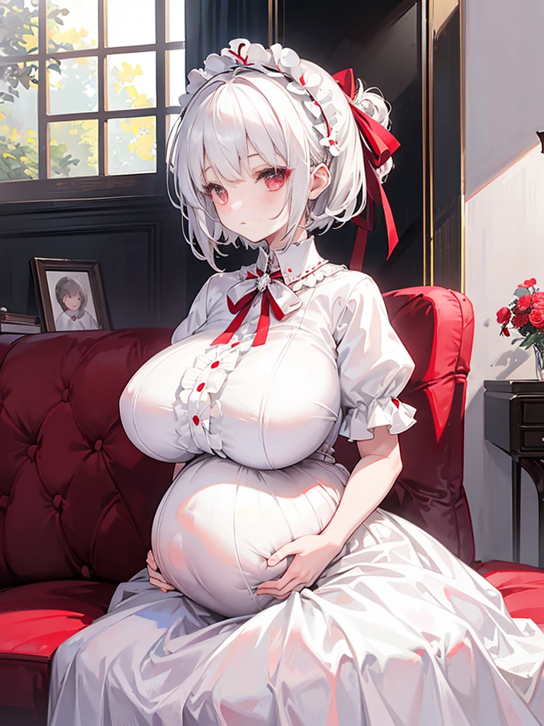 1 22-year-old girl,White short hair,  Red eyes, shirt, Fluffy collar, White fluffy skirt, White ribbon on hair, Lots of hair accessories, Lolita，(Pregnant，Huge breasts：1.8)，Room