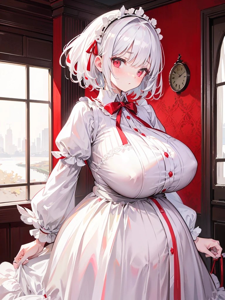 1 22-year-old girl,White short hair,  Red eyes, shirt, Fluffy collar, White fluffy skirt, White ribbon on hair, Lots of hair accessories, Lolita，(Pregnant，Huge breasts：1.8)，Room