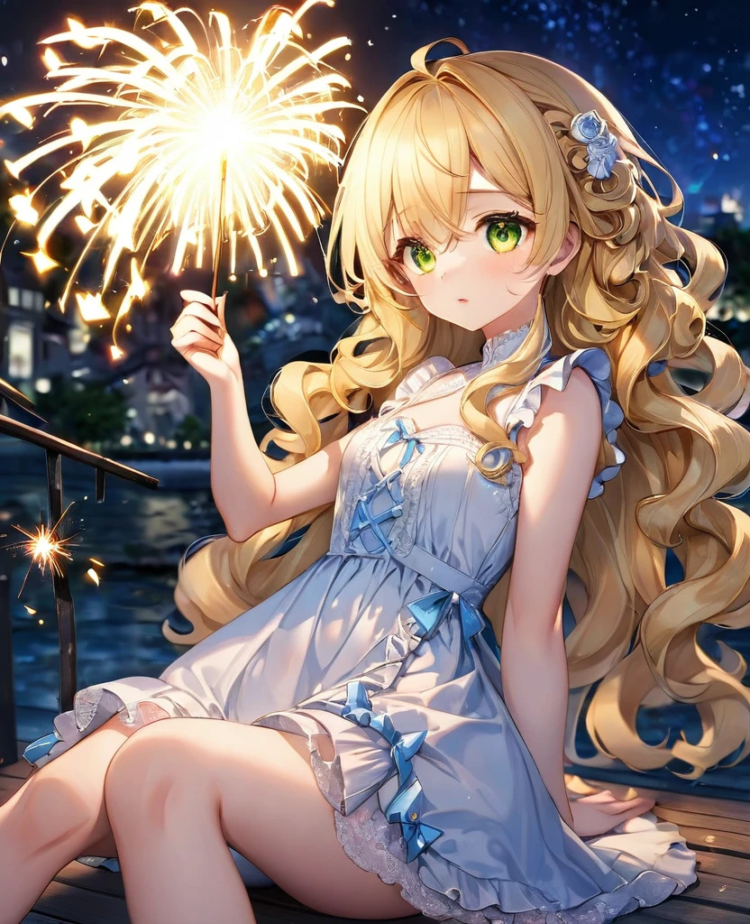 (masterpiece, best quality:1.2), (absurdres, highres, ultra-detailed), (perfect anatomy), 
Cute Girls、Sitting、Holding it facing down、Sparkler、Blonde、Curly long hair、Yellow-green eyes、Sparkling、night、heart、White frilly dress

(8K, RAW photo:1.2),detailed face and eyes,intricate detail ,masterpiece ,sharp focus, high quality,BREAK,rating: general, newest