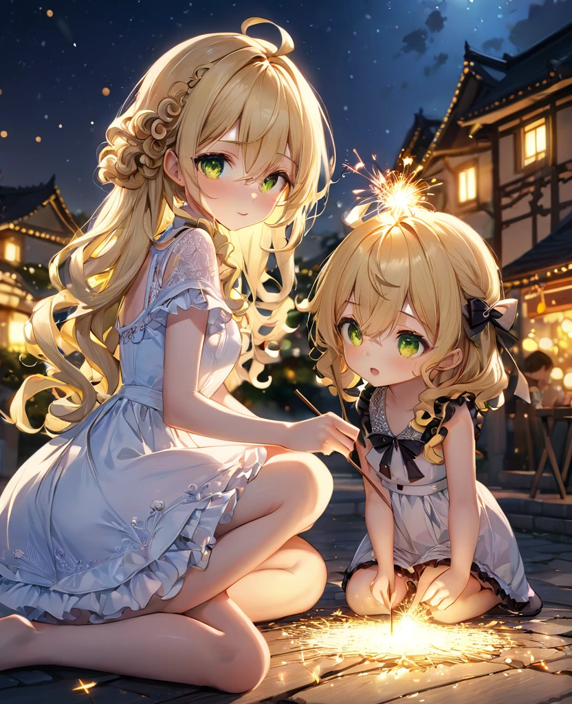 (masterpiece, best quality:1.2), (absurdres, highres, ultra-detailed), (perfect anatomy), 
Cute Girls、Sitting、Holding it facing down、Sparkler、Blonde、Curly long hair、Yellow-green eyes、Sparkling、night、heart、White frilly dress

(8K, RAW photo:1.2),detailed face and eyes,intricate detail ,masterpiece ,sharp focus, high quality,BREAK,rating: general, newest