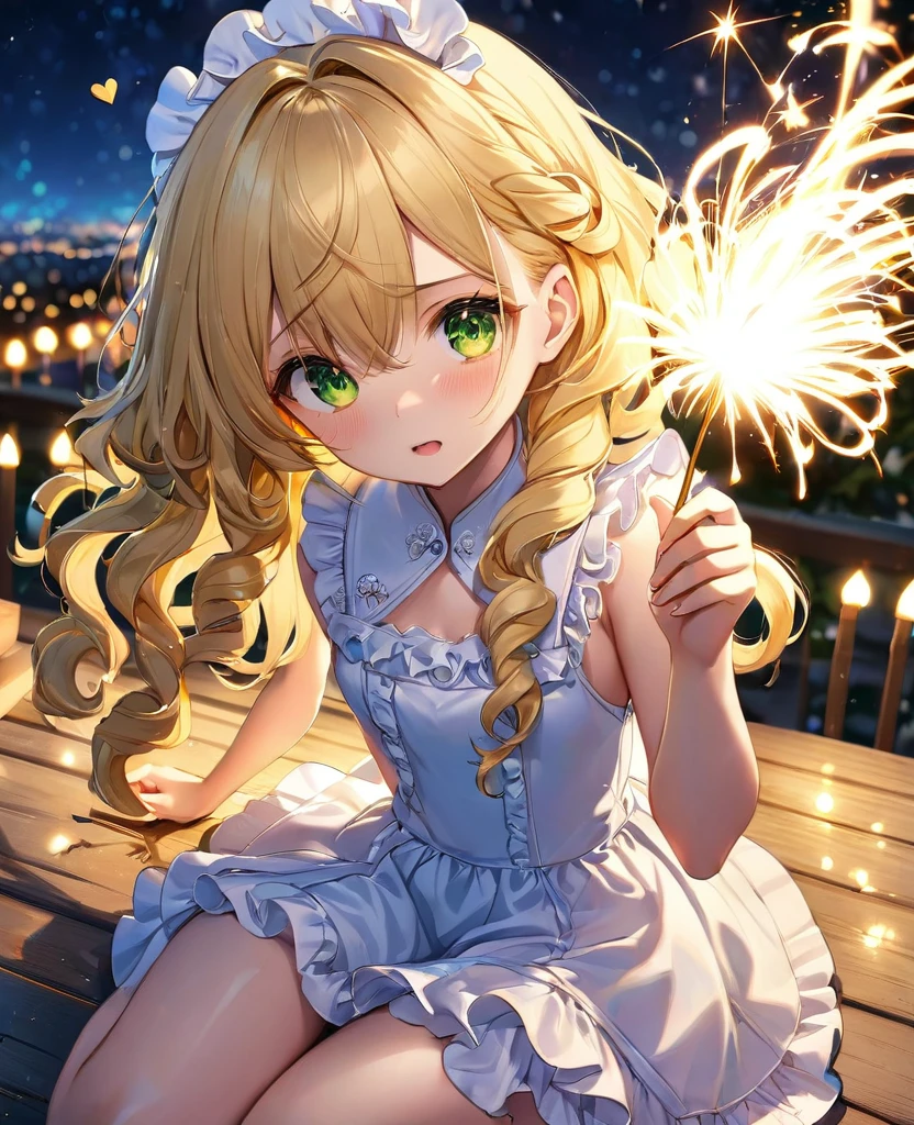 (masterpiece, best quality:1.2), (absurdres, highres, ultra-detailed), (perfect anatomy), 
Cute Girls、Sitting、Holding it facing down、Sparkler、Blonde、Curly long hair、Yellow-green eyes、Sparkling、night、heart、White frilly dress

(8K, RAW photo:1.2),detailed face and eyes,intricate detail ,masterpiece ,sharp focus, high quality,BREAK,rating: general, newest