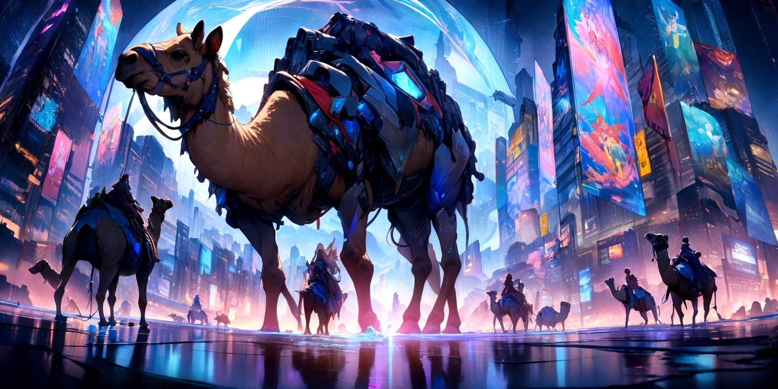 ((masterpiece, Highest quality, Best image quality, High resolution、４ｋ)) A beautiful female demon rides on a vicious camel、Camels are half mechanical、Glowing blue eyes and advanced cybernetic enhancements. Seen in dynamic action poses, reflection on a smooth surface. The cityscape below is filled with towering skyscrapers., illuminated by colorful holographic advertisements, Shining with blue energy, Mighty power. The overall atmosphere is dark and mysterious., It had a futuristic techno vibe.. The lighting is dramatic, Intense highlights and deep shadows, Creates depth and tension.