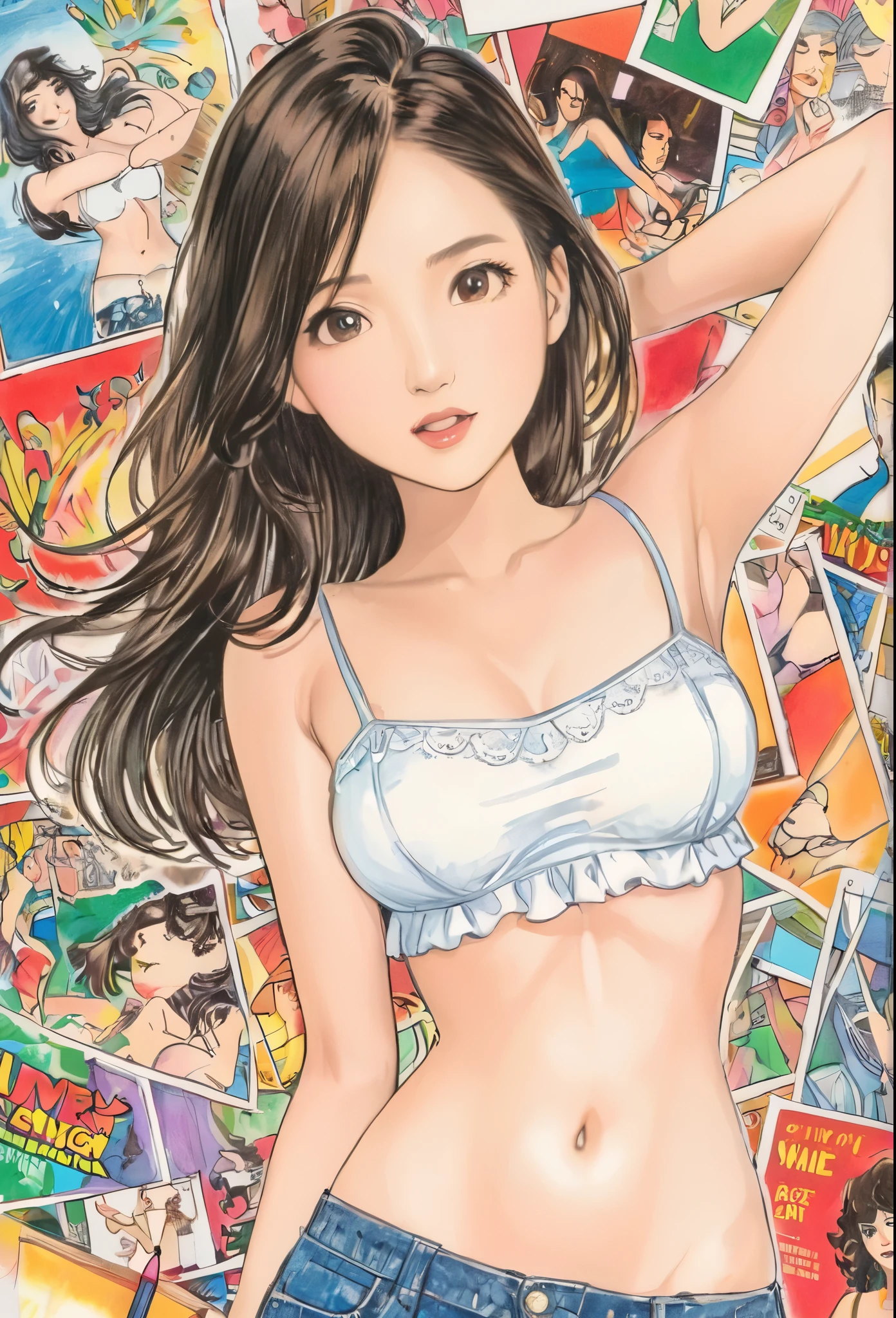 female,short camisole,white,Art,ad,colour pencil drawing,illustration ,comic collage
