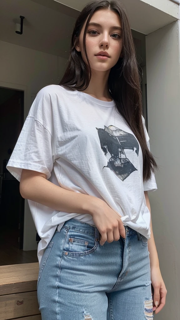 She is a very beautiful, extremely beautiful girl with very white skin, 170 cm tall, coal black and long hair, wearing a white loose t-shirt and blue oversized jeans. 24 years old