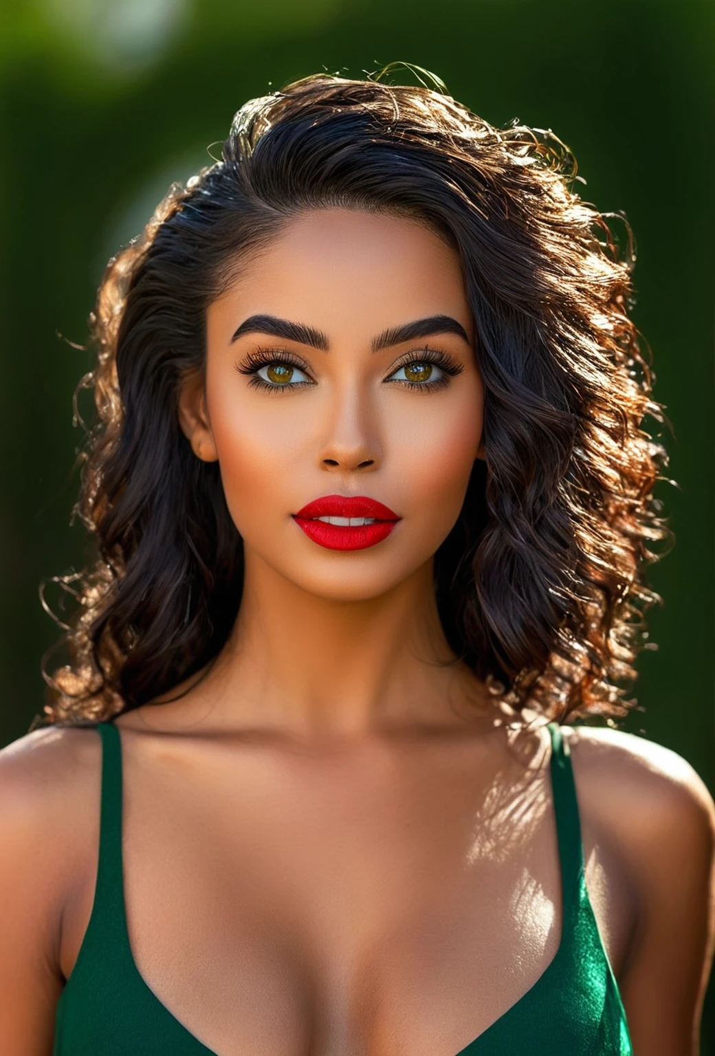 score_9,score_8_above,score_7_above,fine details in everything A beautiful woman, beautiful Latin face, young Brazilian Nyvi Estephan, Brazilian supermodel, serene and elegant beauty, Angolan descent, young adult 30 years old, nerdy woman, tall woman, a stunning black woman , with indigenous characteristics, beautiful indigenous girl, native Brazilian, ((An African indigenous girl with European ebony)), ((her beauty is undeniable)), beautiful young ebony girl with dark skin, tanned Mexican, black hair with brown highlights , curly black hair with brown highlights, voluminous black hair with brown highlights, vibrant and dynamic cut with soft waves can give a modern and stylish touch. Has an exotic beauty with beautiful green eyes, realistic green eyes, bright green eyes, ultra detailed green eyes, ultra realistic green eyes, natural green eyes, ultra detailed iris, perfect eyes, perfect iris, hyper realistic eyes, eyeliner, long eyelashes and defined, penetrating look that conveys confidence, striking, powerful expression, strong presence, striking makeup, vibrant red lipstick, full lips, voluminous lips, seductive lips, captivating, striking, unforgettable, dazzling and mischievous smile, wide smile, your features are captivating , subtle smile on your lips. Beautiful, detailed face, detailed skin texture, notice her perfectly shaped eyebrows that arch gracefully above her eyes, small nose that is proportionate to her face, and soft contour of her face that accentuates her high cheekbones. Beautiful, glowing skin, intricate details, smooth skin, healthy and radiant appearance.3D, 4k, high resolution, full sharpness photo realistic, breathtaking, Lentille nette, Photographie professionnelle, Objectif 70mm, Unreal Engine 5, wallpaper, colorful, art, (Hdr: 1.5), hyper-detailed, (ArtStation: 1.5), cinematic, warm lights, dramatic light, rich colors, (dark and brooding inner background, private study: 1.3), POV, Nikon D850, film photography , Kodak Portra 400, camera le