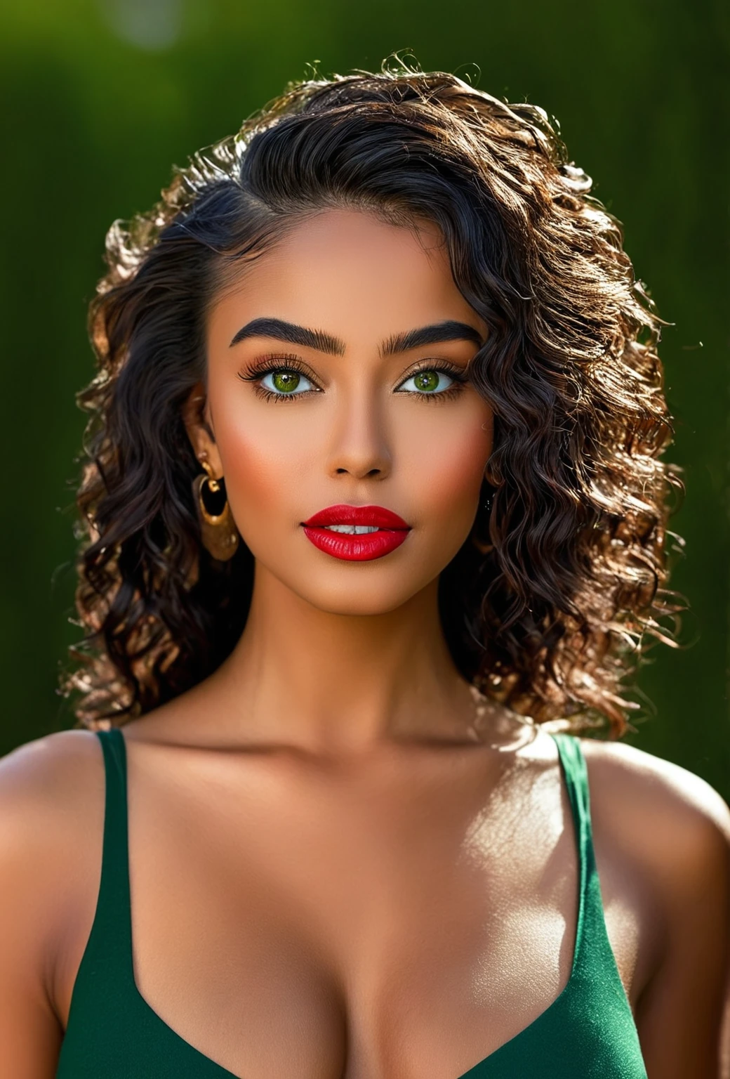 score_9,score_8_above,score_7_above,fine details in everything A beautiful woman, beautiful Latin face, young Brazilian Nyvi Estephan, Brazilian supermodel, serene and elegant beauty, Angolan descent, young adult 30 years old, nerdy woman, tall woman, a stunning black woman , with indigenous characteristics, beautiful indigenous girl, native Brazilian, ((An African indigenous girl with European ebony)), ((her beauty is undeniable)), beautiful young ebony girl with dark skin, tanned Mexican, black hair with brown highlights , curly black hair with brown highlights, voluminous black hair with brown highlights, vibrant and dynamic cut with soft waves can give a modern and stylish touch. Has an exotic beauty with beautiful green eyes, realistic green eyes, bright green eyes, ultra detailed green eyes, ultra realistic green eyes, natural green eyes, ultra detailed iris, perfect eyes, perfect iris, hyper realistic eyes, eyeliner, long eyelashes and defined, penetrating look that conveys confidence, striking, powerful expression, strong presence, striking makeup, vibrant red lipstick, full lips, voluminous lips, seductive lips, captivating, striking, unforgettable, dazzling and mischievous smile, wide smile, your features are captivating , subtle smile on your lips. Beautiful, detailed face, detailed skin texture, notice her perfectly shaped eyebrows that arch gracefully above her eyes, small nose that is proportionate to her face, and soft contour of her face that accentuates her high cheekbones. Beautiful, glowing skin, intricate details, smooth skin, healthy and radiant appearance.3D, 4k, high resolution, full sharpness photo realistic, breathtaking, Lentille nette, Photographie professionnelle, Objectif 70mm, Unreal Engine 5, wallpaper, colorful, art, (Hdr: 1.5), hyper-detailed, (ArtStation: 1.5), cinematic, warm lights, dramatic light, rich colors, (dark and brooding inner background, private study: 1.3), POV, Nikon D850, film photography , Kodak Portra 400, camera le