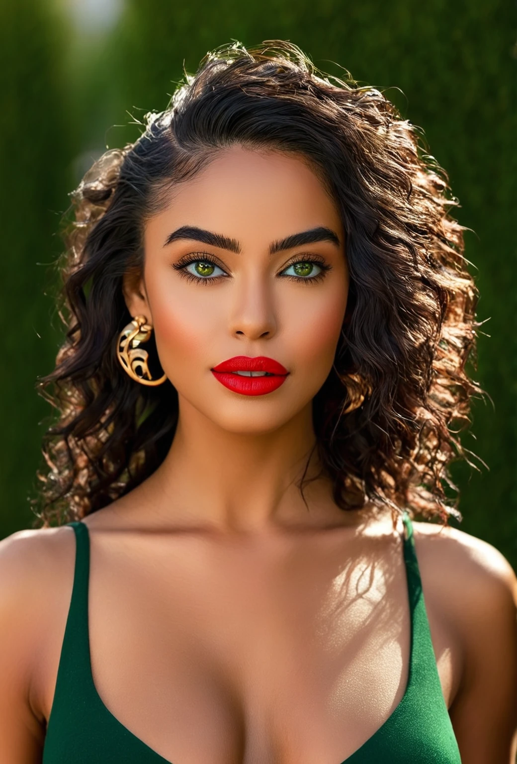 score_9,score_8_above,score_7_above,fine details in everything A beautiful woman, beautiful Latin face, young Brazilian Nyvi Estephan, Brazilian supermodel, serene and elegant beauty, Angolan descent, young adult 30 years old, nerdy woman, tall woman, a stunning black woman , with indigenous characteristics, beautiful indigenous girl, native Brazilian, ((An African indigenous girl with European ebony)), ((her beauty is undeniable)), beautiful young ebony girl with dark skin, tanned Mexican, black hair with brown highlights , curly black hair with brown highlights, voluminous black hair with brown highlights, vibrant and dynamic cut with soft waves can give a modern and stylish touch. Has an exotic beauty with beautiful green eyes, realistic green eyes, bright green eyes, ultra detailed green eyes, ultra realistic green eyes, natural green eyes, ultra detailed iris, perfect eyes, perfect iris, hyper realistic eyes, eyeliner, long eyelashes and defined, penetrating look that conveys confidence, striking, powerful expression, strong presence, striking makeup, vibrant red lipstick, full lips, voluminous lips, seductive lips, captivating, striking, unforgettable, dazzling and mischievous smile, wide smile, your features are captivating , subtle smile on your lips. Beautiful, detailed face, detailed skin texture, notice her perfectly shaped eyebrows that arch gracefully above her eyes, small nose that is proportionate to her face, and soft contour of her face that accentuates her high cheekbones. Beautiful, glowing skin, intricate details, smooth skin, healthy and radiant appearance.3D, 4k, high resolution, full sharpness photo realistic, breathtaking, Lentille nette, Photographie professionnelle, Objectif 70mm, Unreal Engine 5, wallpaper, colorful, art, (Hdr: 1.5), hyper-detailed, (ArtStation: 1.5), cinematic, warm lights, dramatic light, rich colors, (dark and brooding inner background, private study: 1.3), POV, Nikon D850, film photography , Kodak Portra 400, camera le