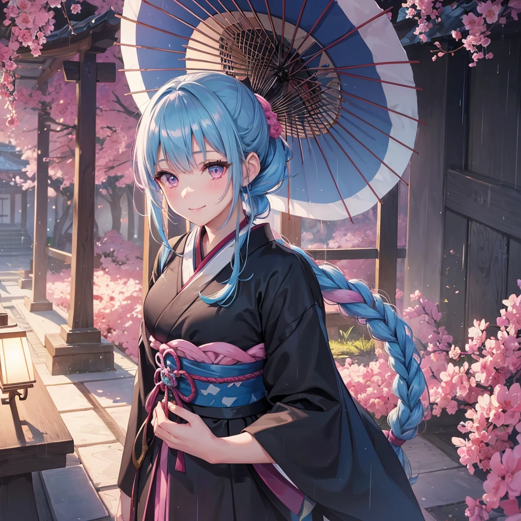 sky Blue hair, (braided ponytail),(pink eyes),fair skin ,(full body),(1 girl),smile,Straight Bangs,(masterpiece, best quality, ultra-detailed, best shadow), (detailed background), (beautiful detailed face), high contrast, (best illumination, an extremely delicate and beautiful), ((cinematic light)), colorful, hyper detail, dramatic light, intricate details,rain shower,kyoto,Japanese Umbrella,black kimono,