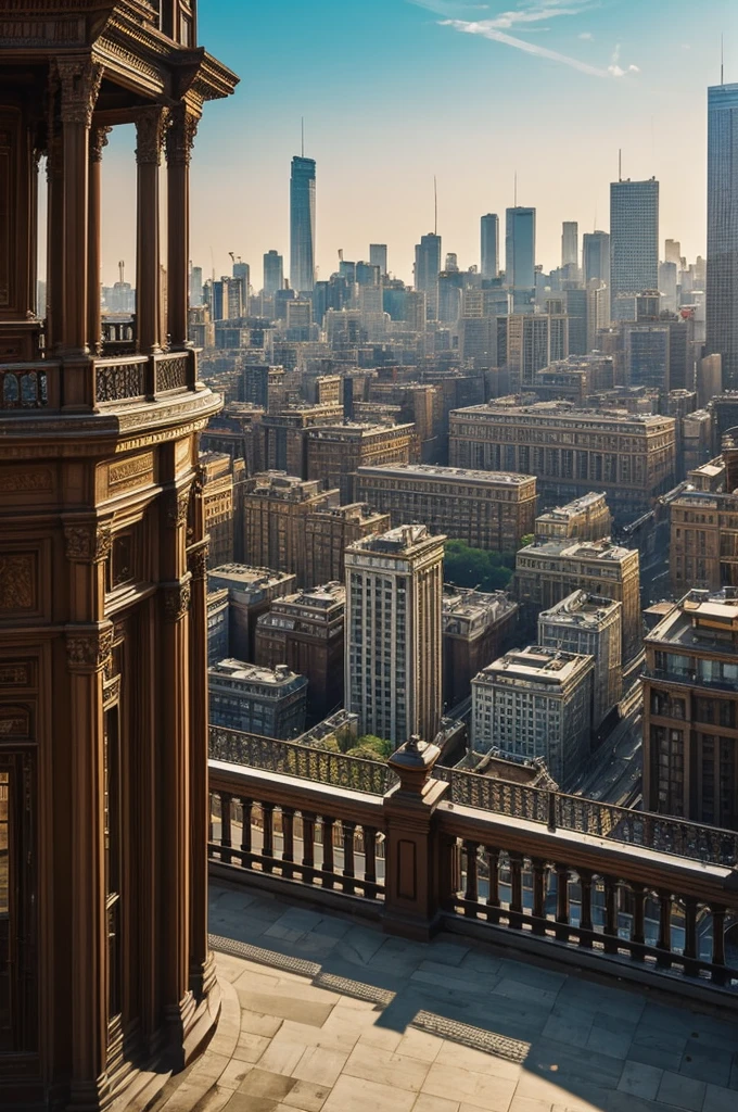 Creating an image description based on your request:
In the foreground, a terrace with ornate railings spans across the bottom of the image. Beyond the railing, the cityscape unfolds: towering skyscrapers and historic buildings create a dense urban skyline. The scene captures the city during daylight, with sunlight casting long shadows and highlighting the architectural details of the buildings. The sky above is clear, adding a sense of openness to the bustling city below.