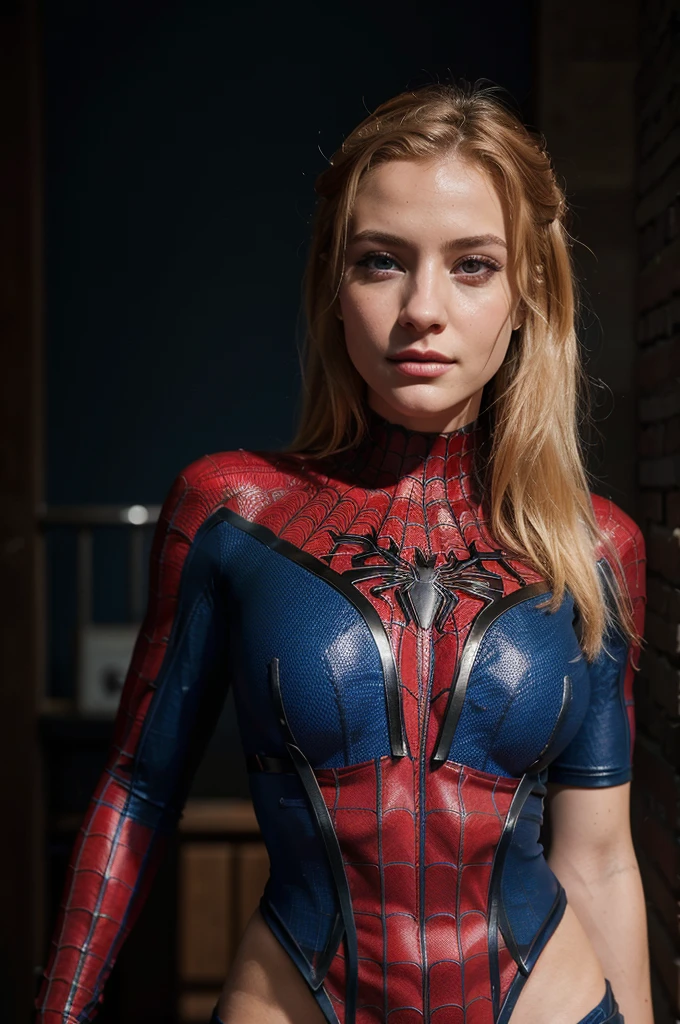 jeune ado de 21 ans, blonde au yeux bleu, jolie, attirante, en cosplay de spiderman, tres belle, qualité d'image réaliste, 4K,8K, haute qualité, regard superieur, a brooklyn