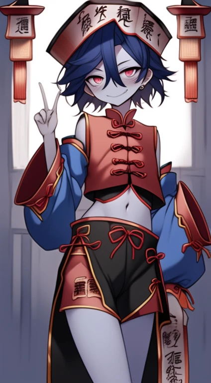 Best quality, Super detailed illustration, Warm colors, perfect lighting, (Jiangshi boy:1.6), (blue skin:2,6) , short tousled thick hair ,Jiangshi clothing, long sleeves, black short shorts, open tummy ,open legs, tight clothing, Guangli hat ,smug smile, happy , a femboy, small waist, wide hips, slim, Perfect body, tricky glance, Scarlet eyes, black and lilac color of clothes