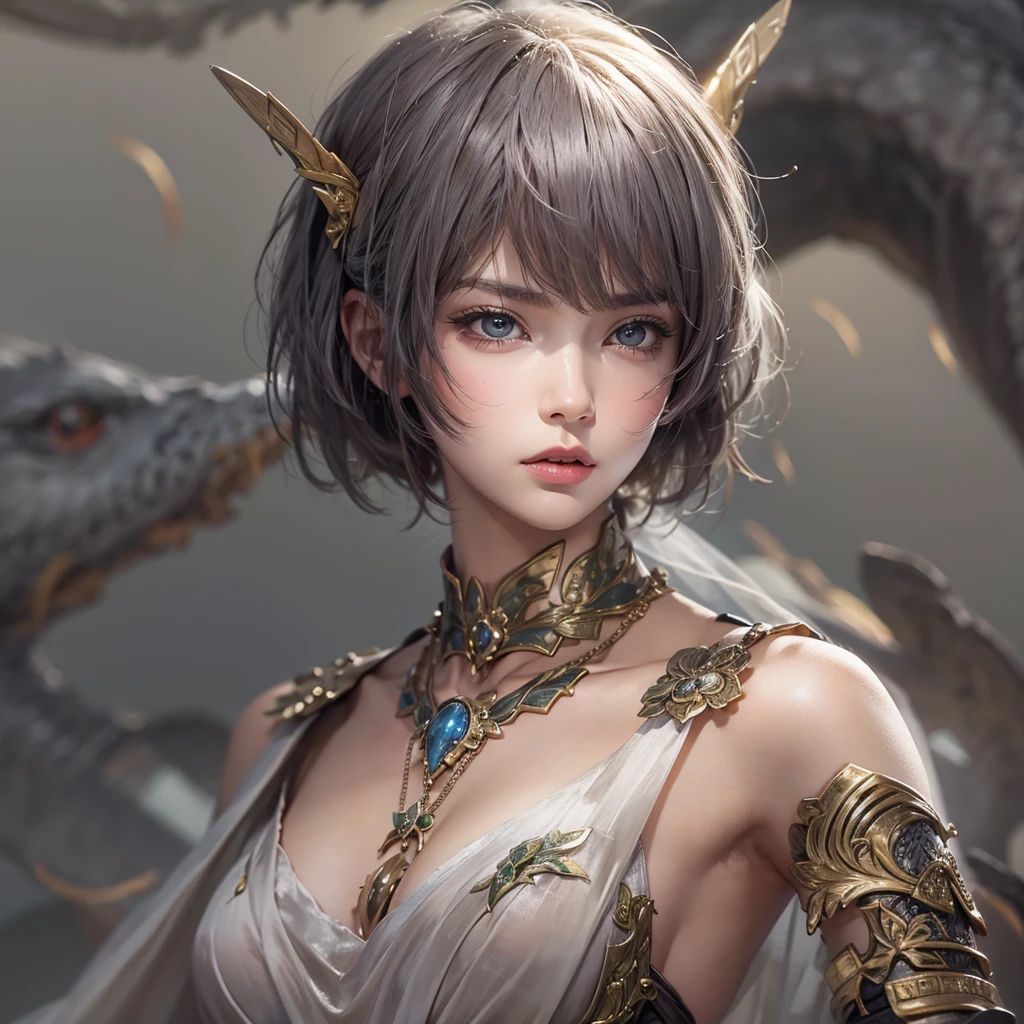 Woman in ancient battle attire、Serious expression、Short-haired、Deadly position, Gorgeous Necklace, scale skin:1.5, Enchanting anime girl, Beautiful and seductive woman, Realistic and perfect body, , Perfect body with realistic shadows, Reptile Eyes:1.5