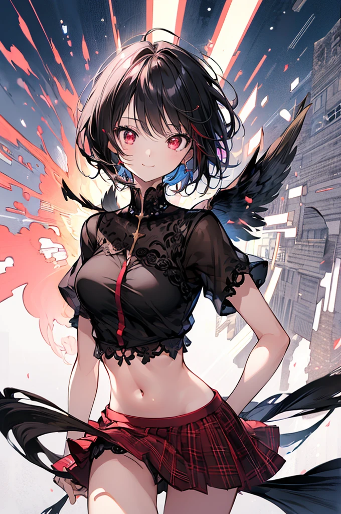 (masterpiece, highest quality, highest quality, (No text), Beautiful and aesthetic:1.2),No text,アニメ、BREAK,One Girl,Black Hair Girl short hair Tree Eyes Beautiful eyes Red eyes cool smile Red and Black mini skirt whole body