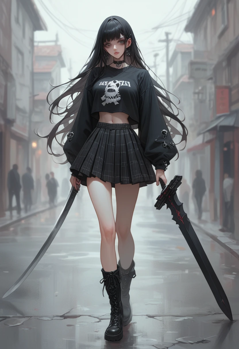 Ultra high definition、whole body、Beautiful Teenage Woman、A Japanese woman with ash-colored medium-long hair, wearing a black gothic crop top, a white cropped T-shirt, a black and white checked gothic mini skirt, black boots, carrying a huge wide sword and walking through a gothic Western town.