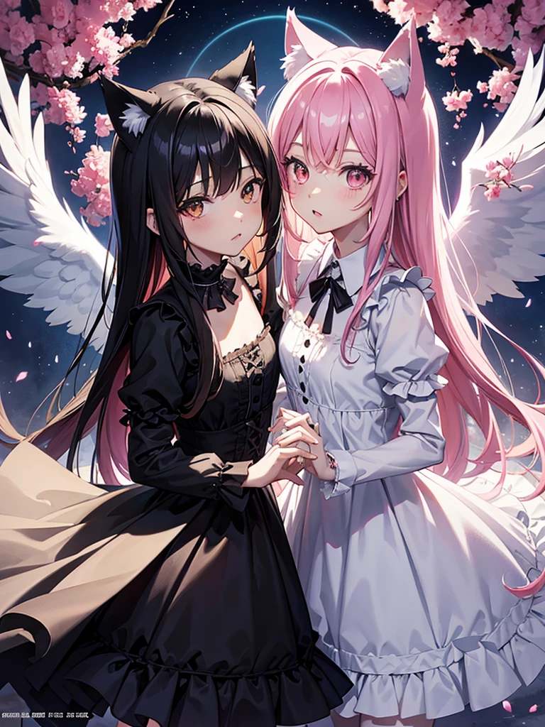 anime magazine cover,book title is "END OF THE WORLD",2people looks like 2girls,
1of2=cute shota with cat ears angel, long pink hair, angel ring, angel wings, white frilly dress,
///
2of2=cute shota with wolf ears fenrir, looks like a girl, long black hair, wolf tail, black frilly dress, gothic skirt,