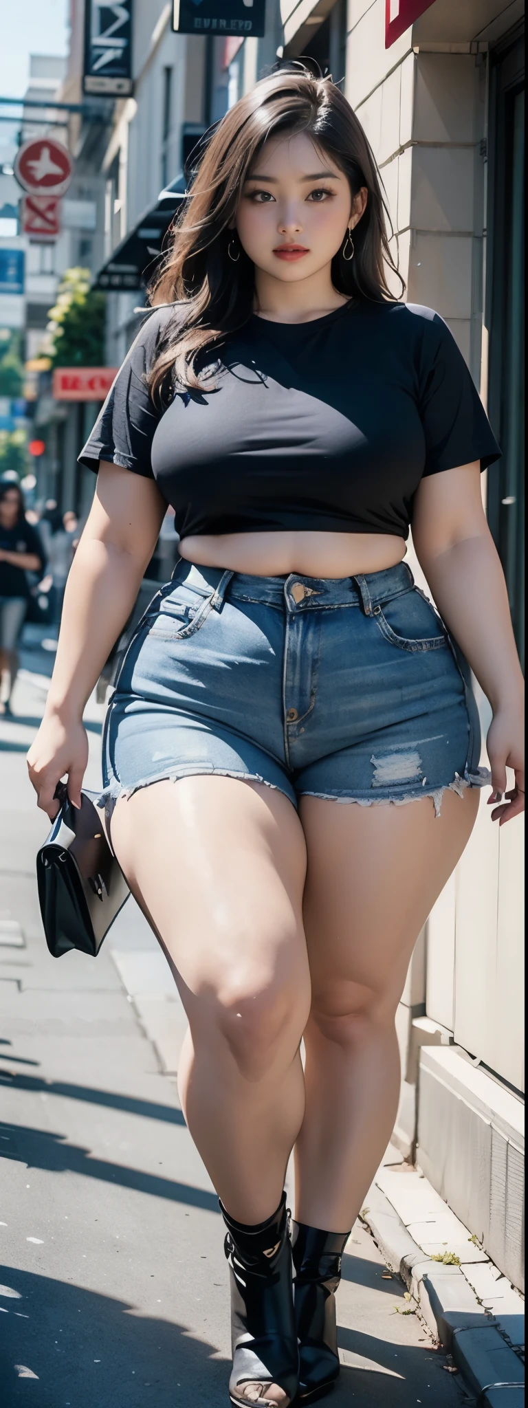 ((best quality)), ((masterpiece)), (detailed), malay woman, perfect face, araffe woman in a dark-blue shirt and blue denim skirt walking down a street, thicc, she has a jiggly fat round belly, bbwchan, wearing tight simple clothes, skinny waist and thick hips, widest hips, her belly is fat and round, soft curvy shape, hyperrealistic full figure, wearing a cute top, wide hips