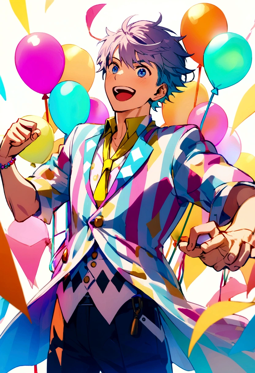 boy in June party clothes, background with June party decoration