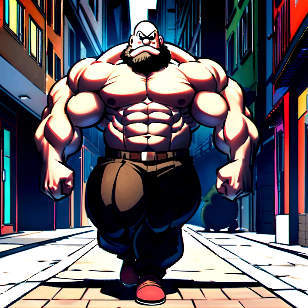 
"Imagine an imposing, muscular figure, mixing characteristics of Escanor, Hulk e Brutus (Popeye), wearing a hooded coat. He walks confidently through the streets, the hood is over your head while the coat is open, revealing his powerful arms and robust physique worthy of a bodybuilder. The scene is marked by the dominant presence and unique mix of iconic characteristics of these characters.. Man in his 30s with a lumberjack beard and slimmer black hair"