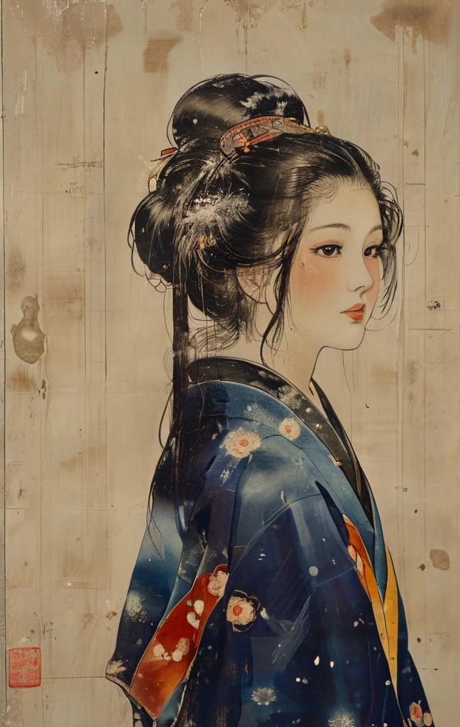 Sharaku,Portrait of a woman,Her breasts are visible.,it is centered in the middle of the image, some Japanese effects and embellishments scattered throughout the photo