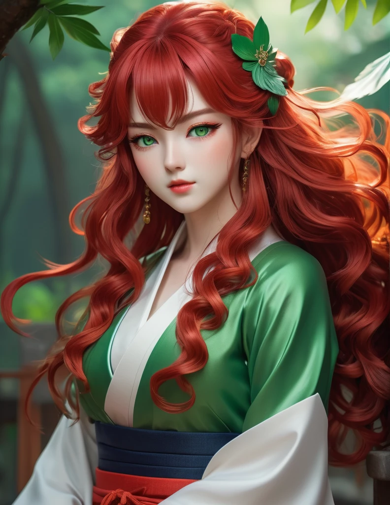 quality(8k wallpaper of extremely detailed CG unit, masterpiece, hight resolution, top-quality, top-quality real texture skin,hyper realisitic, digitial painting,increase the resolution,RAW photos,best qualtiy,highly detailed,the wallpaper),BREAK,8K, onmyoji-style art style , full face, curly bangs long red hair , green eyes, sheath dress,