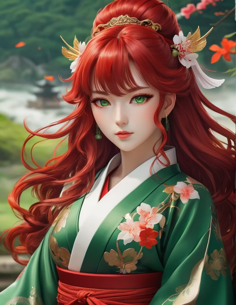 quality(8k wallpaper of extremely detailed CG unit, masterpiece, hight resolution, top-quality, top-quality real texture skin,hyper realisitic, digitial painting,increase the resolution,RAW photos,best qualtiy,highly detailed,the wallpaper),BREAK,8K, onmyoji-style art style , full face, curly bangs long red hair , green eyes, sheath dress,