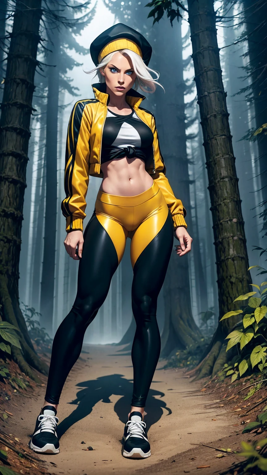 1white-skinned woman, with tied mustard colored hair, with yellow jacket, and black cap ,with medium chest,blue eye , tight yellow pants with black stripes,a white shoe, medium buttocks, staring with fists at the viewer ,menacing shadows, ESCARIAN FOREST, suspended atmosphere, realist , Stormy, sharp focus, action