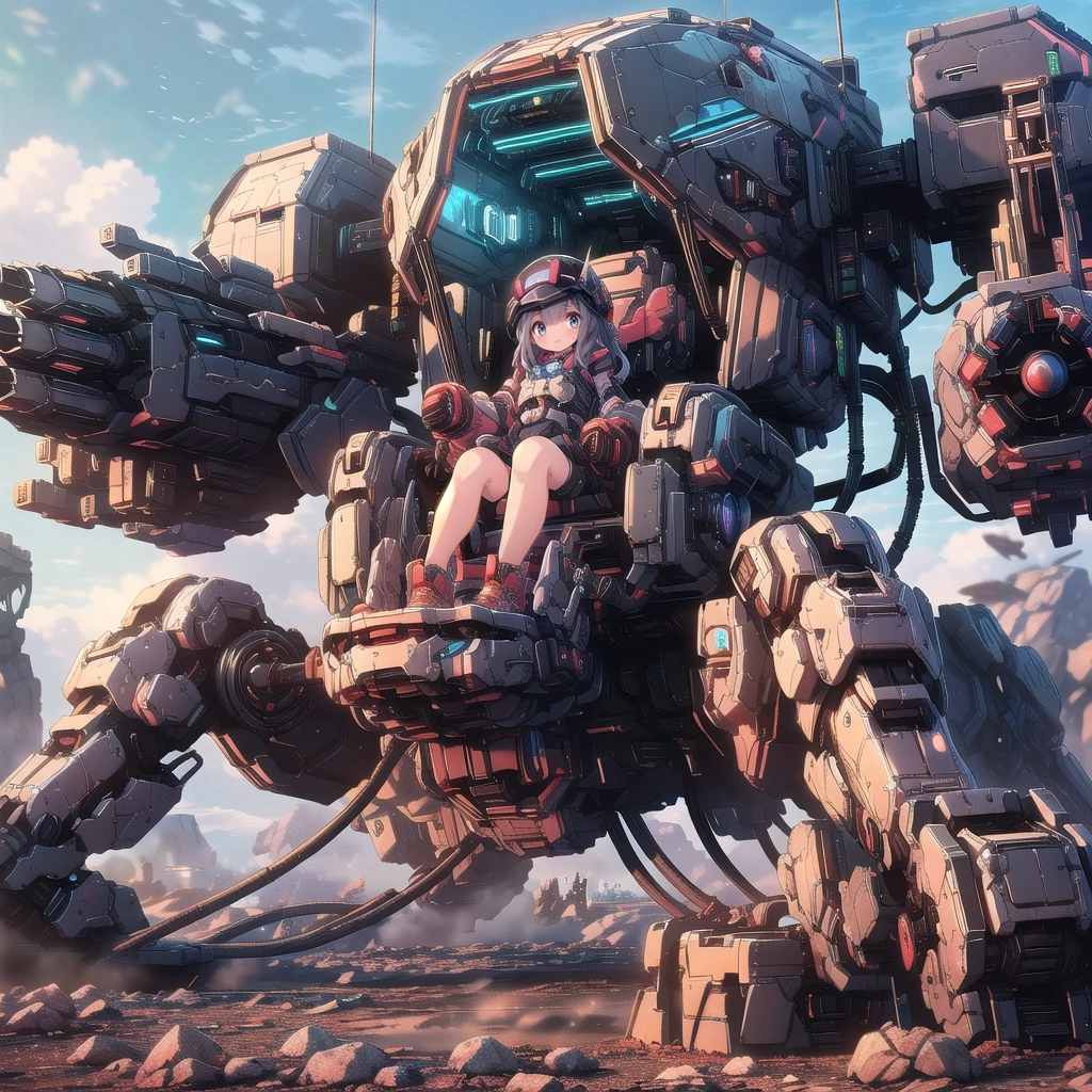 (masterpiece:1.2), best quality, high resolution, extremely detailed CG, absurdres, highres, Sci-fi world where a girl in bodysuit sits inside a machine with giant robot arms and legs on a battlefield, and the girl holds the lever of the machine,Colorful portraits