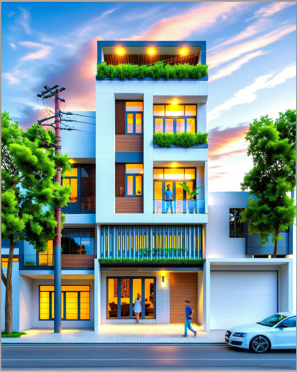 Masterpiece, high quality, best quality, authentic, super detail, outdoors, house style modern, bietthuhn, white wall, glass windows, gate road, pavement, grass, trees, Beautiful_sky, SUNSET, (day:1.1), realistic lighting