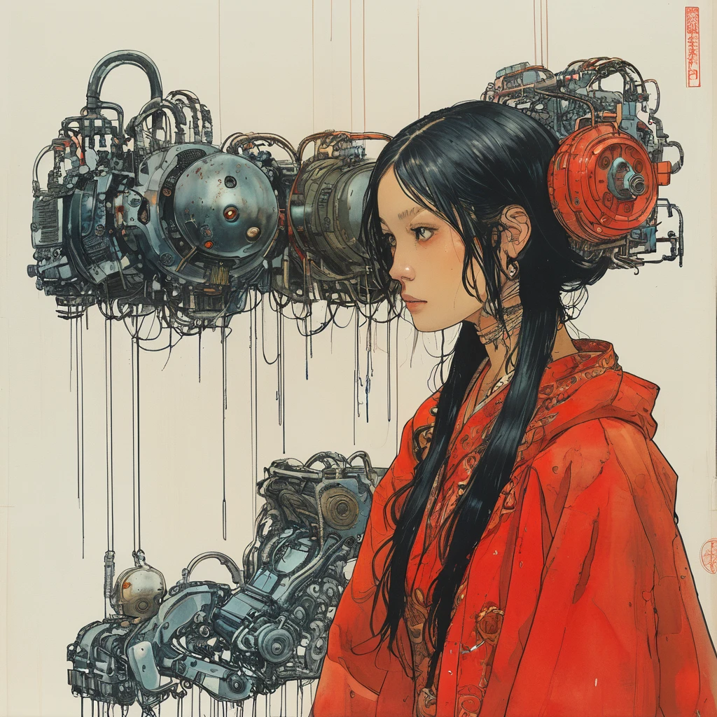 1 female demonic  cyborg , tubes connected to the wall
beautiful 
long black hair
praying
mechanical limbs
red turtle neck tight
skulls
(color ink painting by  Katsuhiro Otomo, Moebius, Victo Ngai	 Katsuya Terada, Aaron Horkey )