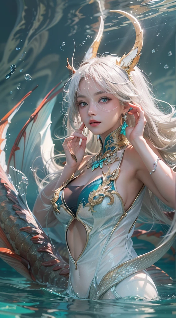 Low Teen Girl, 10 years old, Dragon Princess, (Highest quality realistic textured skin),(terrible),(Understood, round, Symmetrical eyes),Delicate facial features,(Burning bright cold eyes), She has beautiful tiger eyes, Very slim and slender figure, naked, nude, (She has a mischievous smile),(Her face is kind and beautiful),Glass earrings in the ears,,(blonde),(Silvery white hair),(Chestnut Hair),(Swim at the bottom of the ocean),(Full body portrait:1.5),(Dramatic Photos:1.4),(Dramatic Pose),(Flashy photos)(look up),(Looking down),(Around her neck is a simple necklace made with exquisite craftsmanship.),Cluttered photos,(Hair flowing in water:1.5),(Underwater, Life at sea, 美しいCoral Reef, fish),(Background vortices and currents),(Dramatic Light),(Nice views),(Surrounded by beautiful dragons),遠くの背景にはCoral Reefに沈んだ寺院が見える,Coral Reef,Spectacular realism,Cinematic atmosphere,(High-density image review:1.5),(Soft colors:1.2),Very detailed,Dramatic Light,(Intricate details:1.1),Complex background,