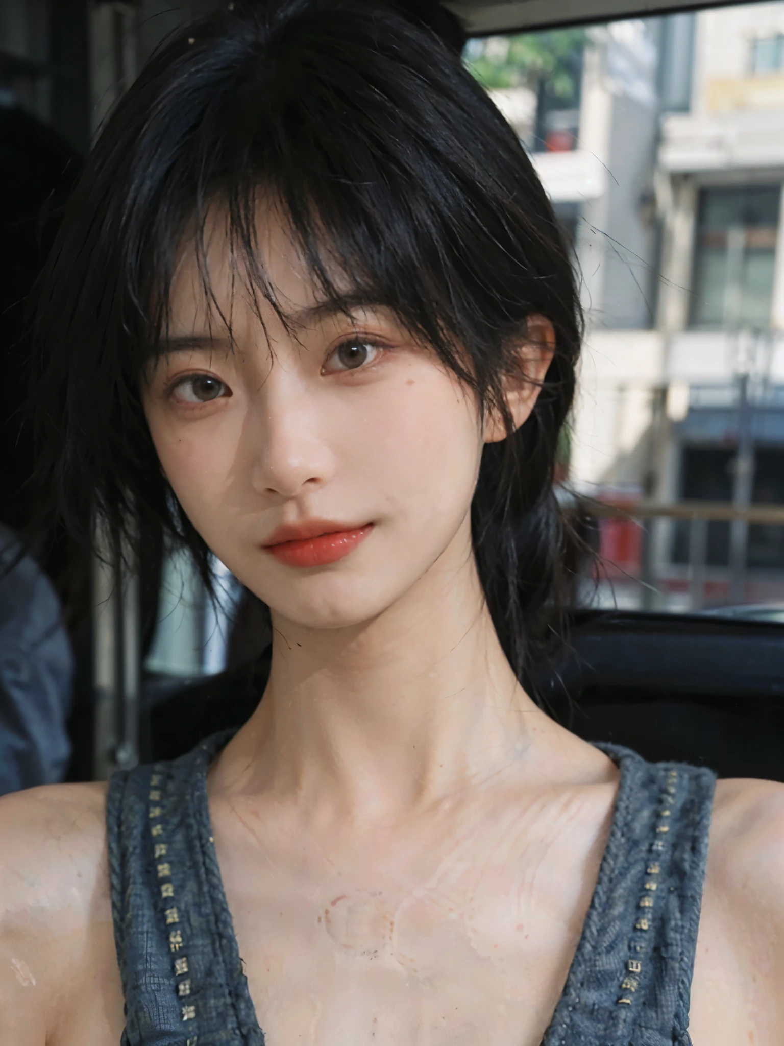 (Skin details:1.4), (smooth skin textures:1.3), （Upper body：1.4），（Upper Body：1.3）Lipstick, background, earrings, serene, calm, Suspenders，(Realistic and detailed eyes：1.2）, Natural skin texture, Realistic facial details, Soft dramatic lighting, Vivid details, 35 mm film, outdoor, (Photo Practical:1.4), (hyper Practical:1.4), (Practical:1.3), (Smoother lighting:1.05), (Improve lighting quality:0.9), (Highest quality real skin textures:1.4), Exquisite eyes, Delicate face, Close-up of face, (Enhance the beauty of skin texture:1.1), Hair details,（Large Breasts：1.3）normal body ratio, short hair, Moles under the eyes, A faint smile,Portrait Photography, Depth of Field, Bokeh, Surrealism, Ray Tracing, (Portrait Photography:1.1), Surrealism, High Detail, Chiaroscuro, Ray Tracing, reflected light, Ultra HD, Ultra HD, masterpiece, Textured Skin, Super Detail, High Detail, high quality, best quality