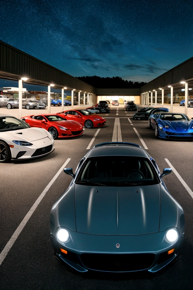 Row of cars in an car park, wired fence, best quality, realistic, takes place at night, stars in the sky, masterpiece, lots of cars, panoramic view 