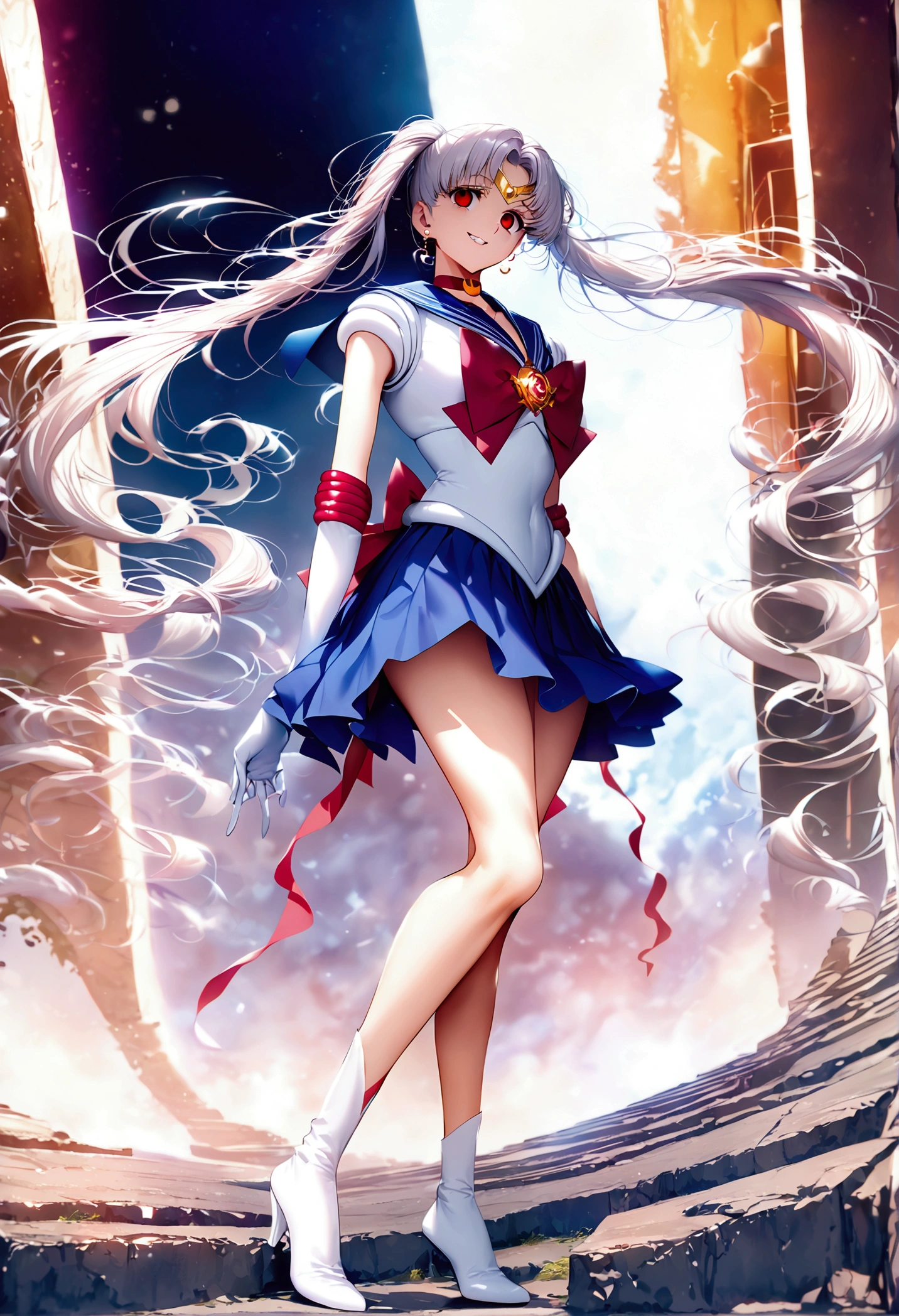 (masterpiece, Highest quality, so beautiful, Super detailed), Intricate details, 12k, Honestly, Long Hair, Double Bang, Twin tails, Parted bangs, tiara, Earrings, red eyes, Red choker, Blue sailor collar, Red Bow, White shirt, Elbow hand pockets, White gloves, Blue Skirt, Are standing, (full body:1.2),,(evil smile:1.2), 1girl,(Silver Hair:1.4),(empty eyes,:1.4),from below,looking dawn,dark aura,View your viewers