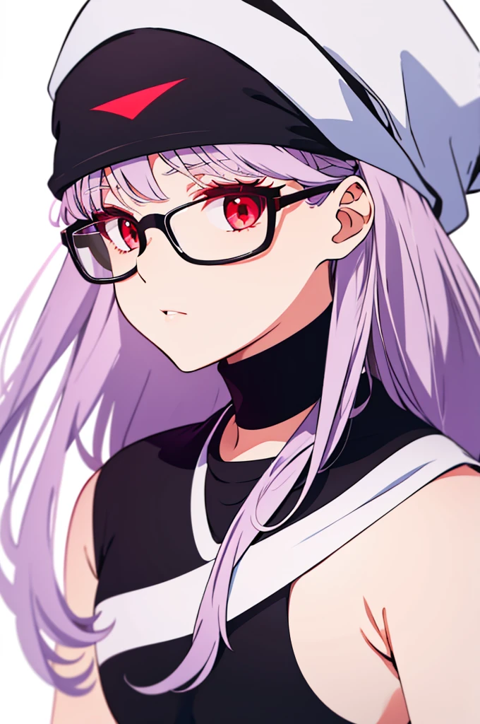 girl, white background, white beanie, bangs, light purple hair, red eyes, glasses, [black t-shirt]