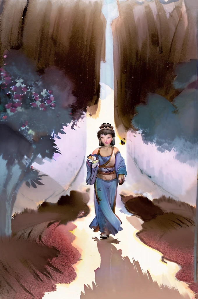 Create a high-quality digital artwork in the traditional Ukiyo-e style. The scene should depict a serene and joyful Buddha dancing on the back of a hippo running through a meadow. Capture the vibrant and delicate hues typical of Ukiyo-e prints. Ensure that Buddha's expression is very cheerful and serene, and pay close attention to fine details and textures to evoke the intricate craftsmanship