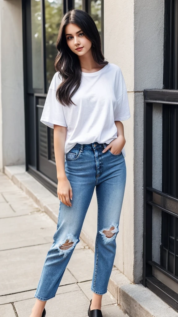 She is a very beautiful, extremely beautiful girl with very white skin, 170 cm tall, coal black and long hair, wearing a white loose t-shirt and blue loose oversized jeans. 24 years old