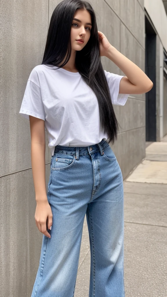 She is a very beautiful, extremely beautiful girl with very white skin, 170 cm tall, coal black and long hair, wearing a white loose t-shirt and blue loose oversized jeans. 24 years old
