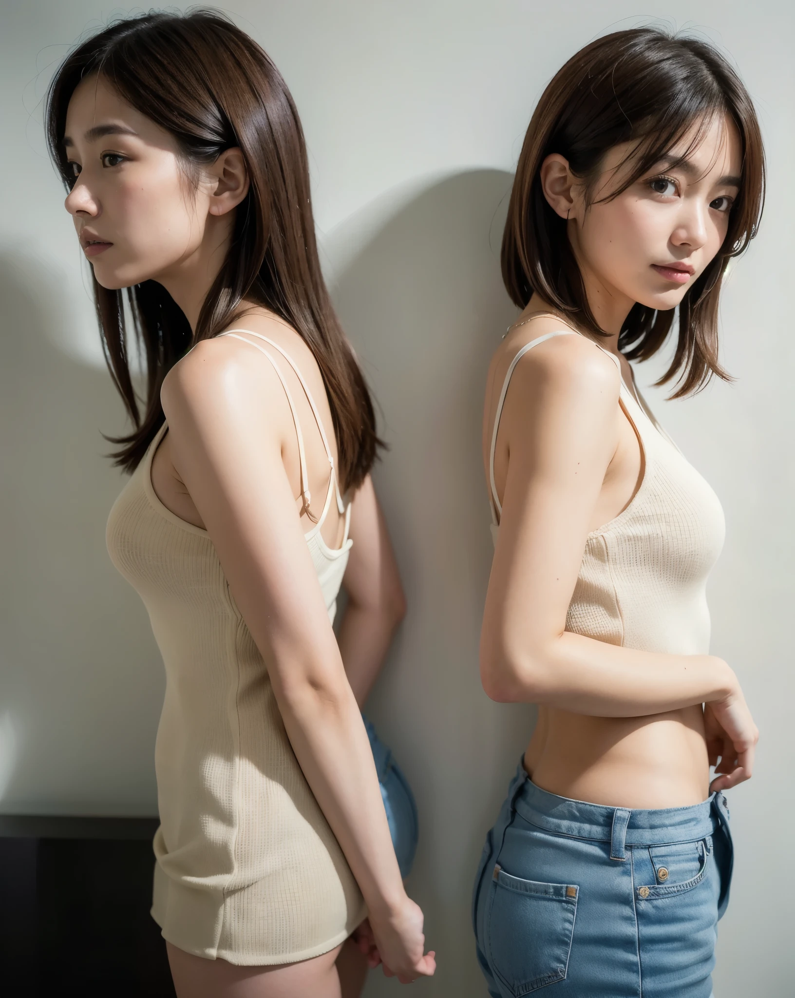 (Highly realistic photos, High resolution, Detailed face, Fine grain), ((Photographed in front of a white wall))、Japanese women, 20-year-old, A variety of expressions, alone:1, Slim figure, Various hairstyles, Casual clothing, 写真の中でalone、Selfie、Photographed in natural light、Simple Necklace、Spring Clothes、Looking at the camera、profile、Dark brown hair color Refreshing Bob length hair Image of the study session