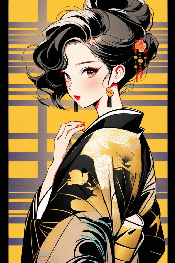 (best quality, sketch:1.2),realistic,illustrator,anime,1 girl, detailed lips, kimono,custom, black and gold gradient background,neon hair,textured cropping, masterpiece, style retro classic, noir style