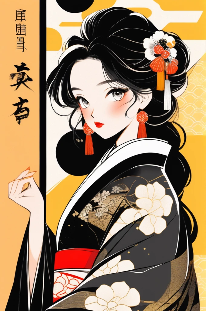 (best quality, sketch:1.2),realistic,illustrator,anime,1 girl, detailed lips, kimono,custom, black and gold gradient background,neon hair,textured cropping, masterpiece, style retro classic, noir style