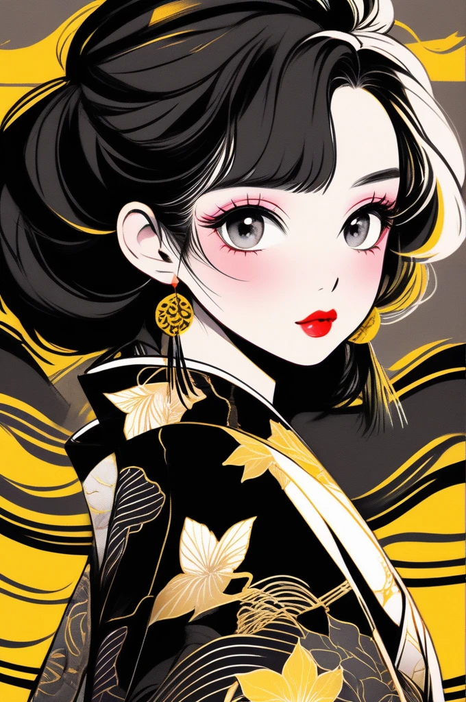 (best quality, sketch:1.2),realistic,illustrator,anime,1 girl, detailed lips, kimono,custom, black and gold gradient background,neon hair,textured cropping, masterpiece, style retro classic, noir style 