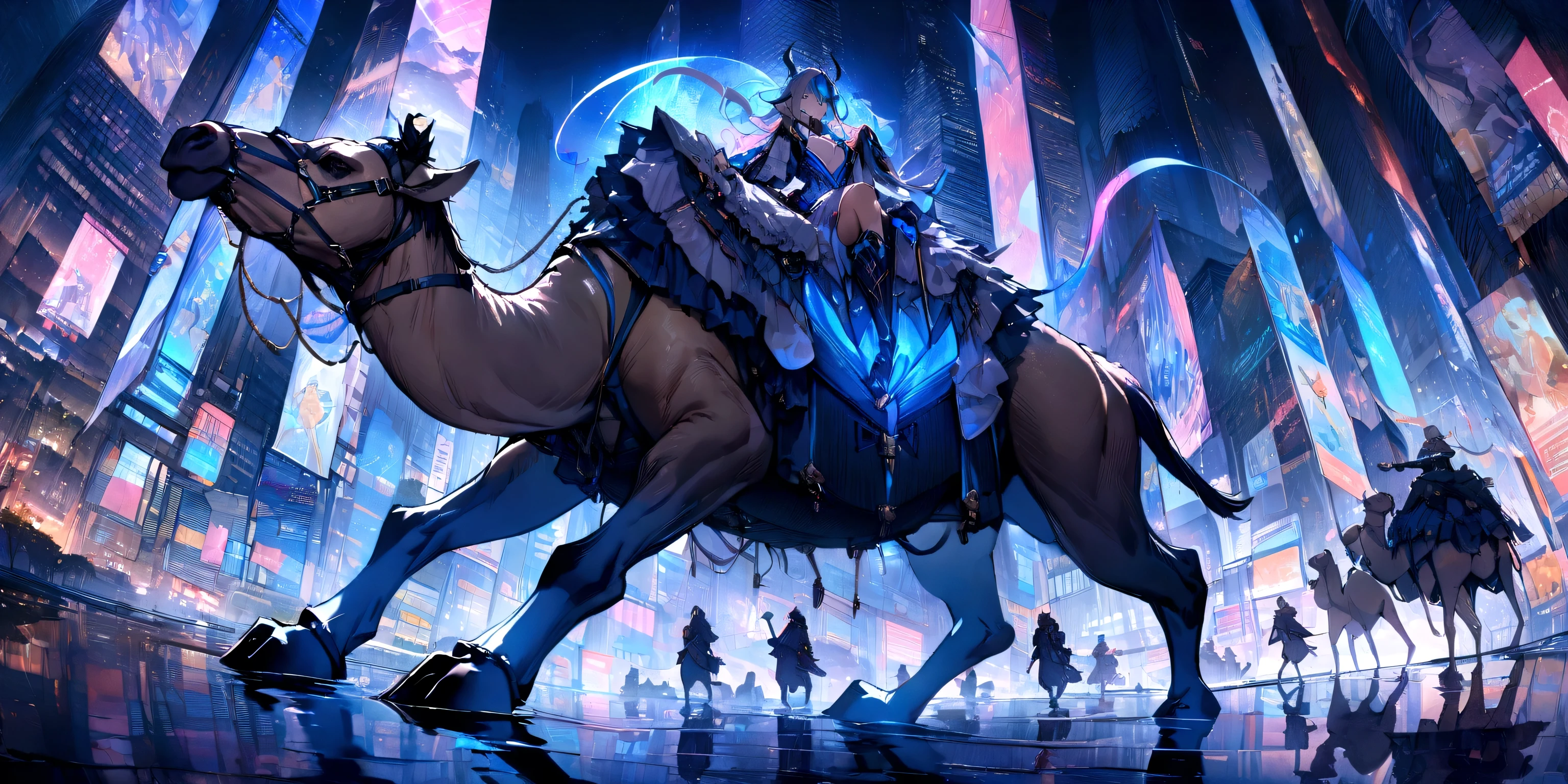 ((masterpiece, Highest quality, Best image quality, High resolution、4k)) A beautiful female demon rides on a vicious camel、Camels are half mechanical、Glowing blue eyes and advanced cybernetic enhancements. Seen in dynamic action poses, reflection on a smooth surface. The cityscape below is filled with towering skyscrapers., illuminated by colorful holographic advertisements, Shining with blue energy, Mighty power. The overall atmosphere is dark and mysterious., It had a futuristic techno vibe.. The lighting is dramatic, Intense highlights and deep shadows, Creates depth and tension.