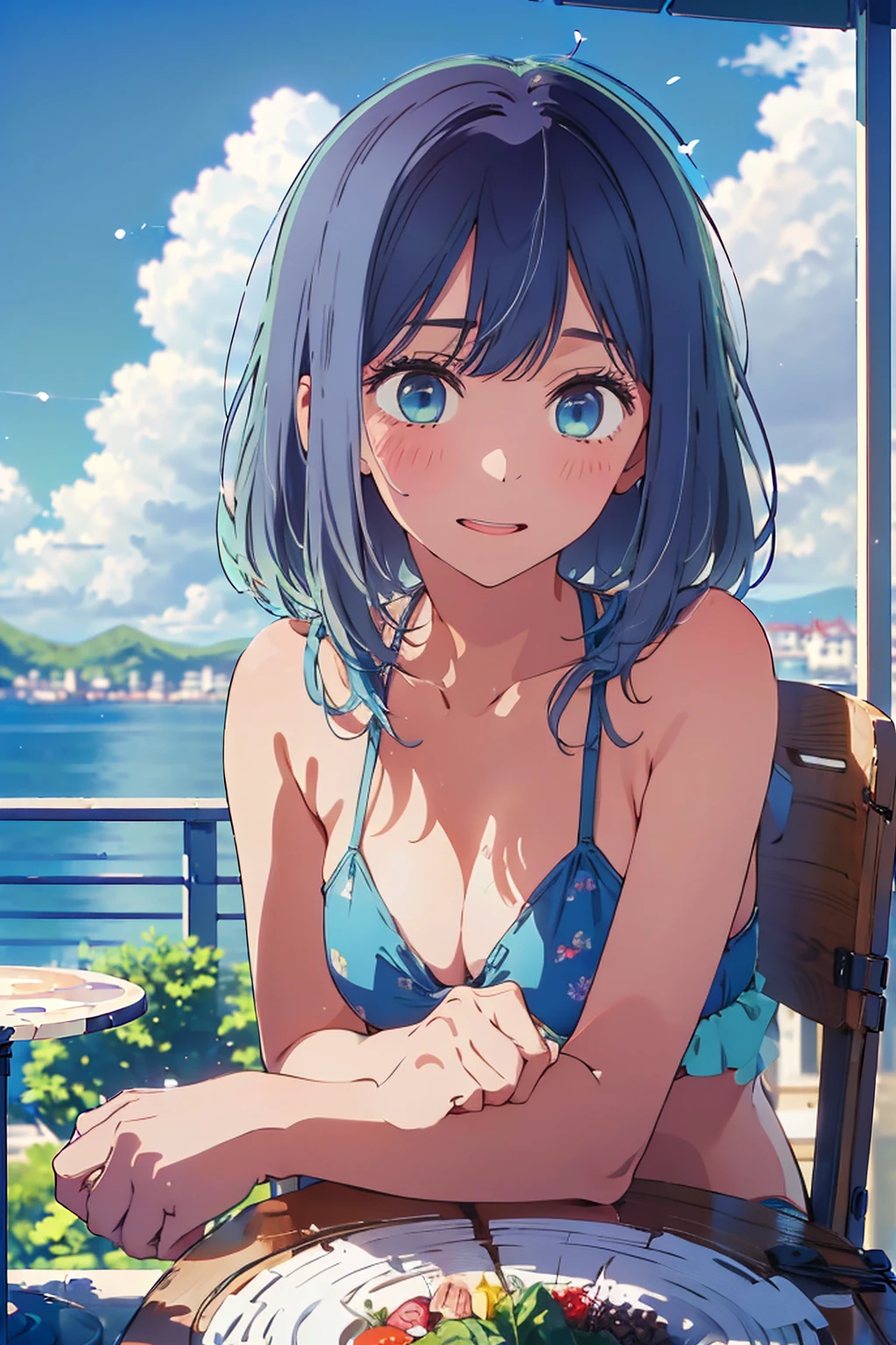 (Highest quality:1.4、masterpiece:1.4、Super detailed:1.4、8K:1.4)、F cup bust、Big Breasts、Slim body、((((1 person、Surprised expression、sit、Chair、In the background are the urban buildings of Tokyo、looking at the camera、Outdoor café terrace、coastal、Navy hair color、juice、Close-up shot taken at an angle、table、Very cute face))))、(Pose of putting hair behind ears with hands:1.4、Cheek resting on hand:1.4)、((nude、Areola、bikini size too small))、Very blue sky、A completely cloudless sky、Big eyes、(((((Shallow depth of field)))))