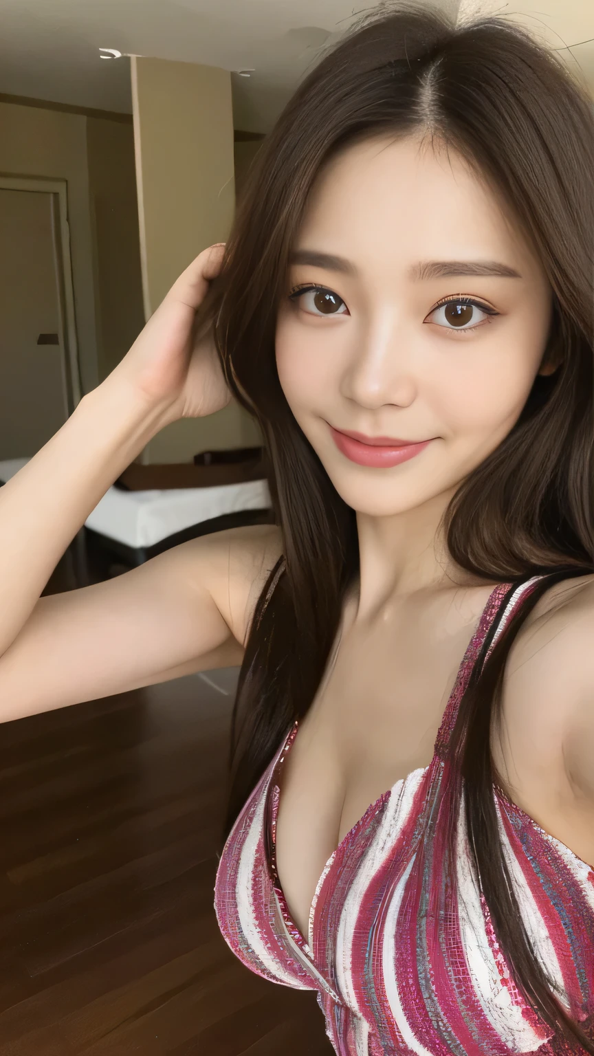 seed:2020674263.((Full body angle:1.1)).((Highest quality, 8K, masterpiece:1.3)), ((from below:1.1)).concentrated:1.2, Perfect body beauty:1.4, Hips:1.2, ((Delicate Hair)), (Colorful dress :1.1) , ((Highest quality、8k、masterpiece:1.3))、1 Girl、A sloppy smile、Esbian all over、Slim face、Big Boobs、Beautiful woman、(Dark Brown Hair)、Long Hair、1、Flickering Valley、Detailed eyes、double eyelid、Blurred Background、超Slim face、Smile、Looking down、living、