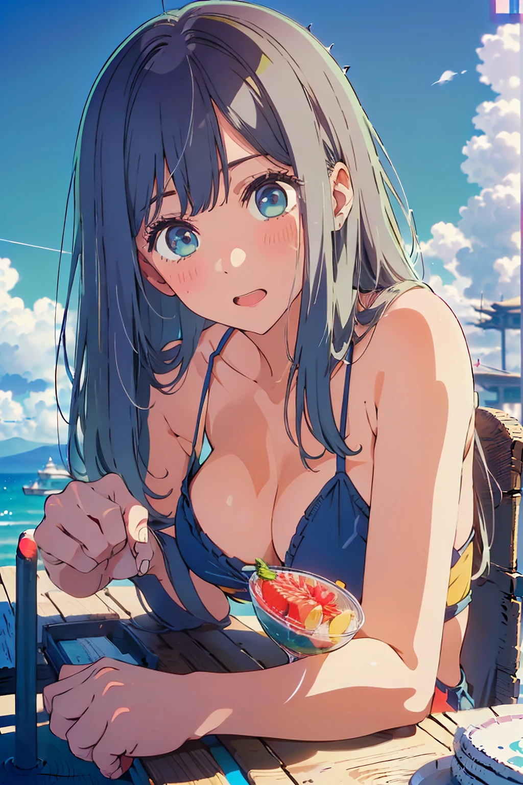 (Highest quality:1.4、masterpiece:1.4、Super detailed:1.4、8K:1.4)、F cup bust、Big Breasts、Slim body、((((1 person、Surprised expression、sit、Chair、In the background are the urban buildings of Tokyo、looking at the camera、Outdoor café terrace、coastal、Navy hair color、juice、Close-up shot taken at an angle、table、Very cute face))))、(Pose of putting hair behind ears with hands:1.4、Cheek resting on hand:1.4)、((nude、Areola、bikini size too small))、Very blue sky、A completely cloudless sky、Big eyes、(((((Shallow depth of field)))))