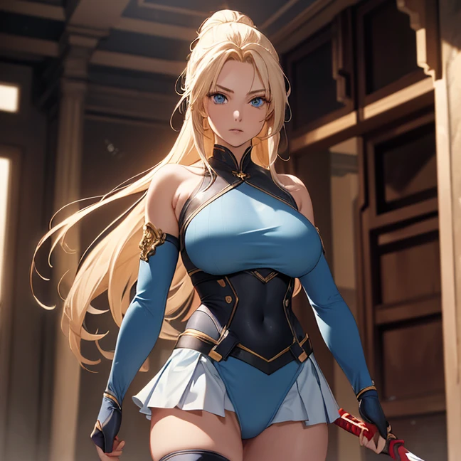 (Absurdres, master piece, best high quality image, very detailed features, very detailed textures, carefuly detailed with no deformed parts in all the artwork), only solo character, full body deding, standing alone.
A 40 years old beautiful woman, she has fair skin, blue eyes, yellow blonde golden long hair tied in a high ponytail with a long crimson ribbon, voluptuous figure, big breasts, (she wears: grey leotard covered by a light blue combat padded bra and a light blue short skirt, light blue long leather spandex boots, light blue long sleeves and padded gloves, dark blue steel shoulderpads), She is holding with both hands a silver and red colored long sword with a red magical blade. Combat pose, furious expression
Cloudy day on a cold sand desert