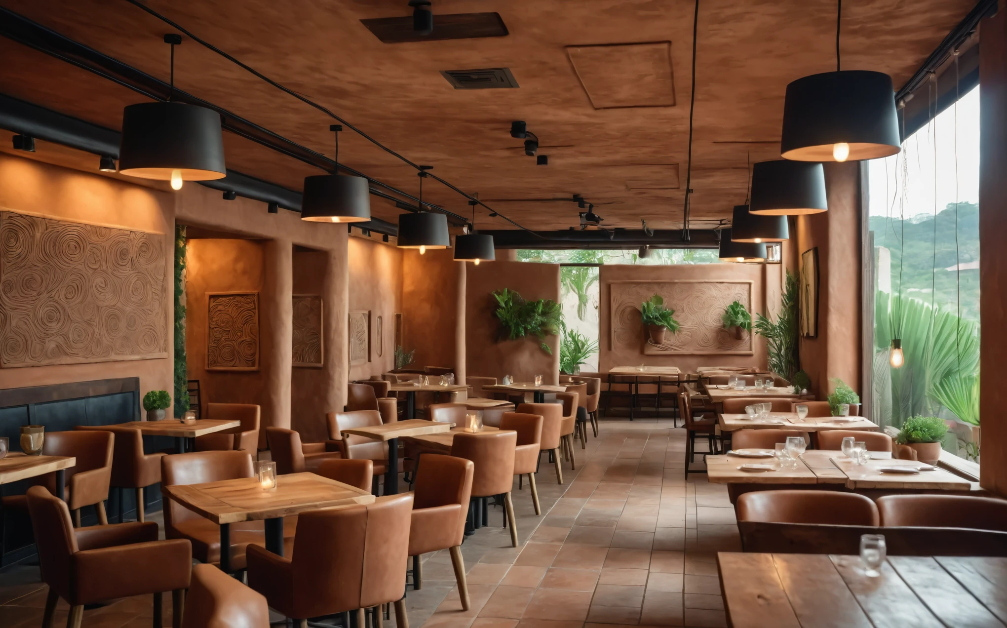 Restaurant interior, clay walls, natural clay columns, rustic wooden tables, rustic chairs, handcrafted look, natural textures, soft lighting, clay pendant lights, potted plants, greenery, cozy, welcoming,  masterpiece, (realistic:1.2) 8k uhd, dslr, soft lighting, high quality